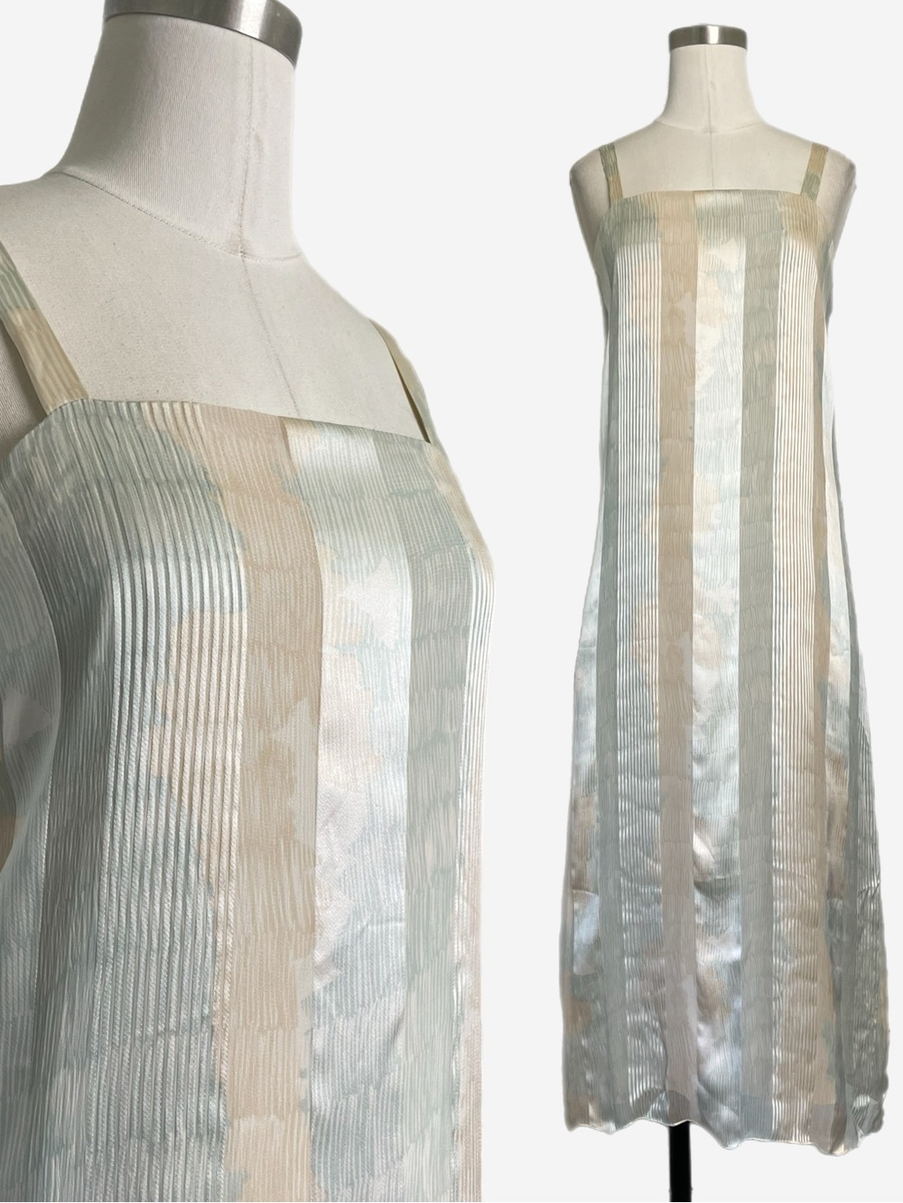 Vintage 80s Icinoo cream blue silk satin striped slip dress romantic dreamy XS/S